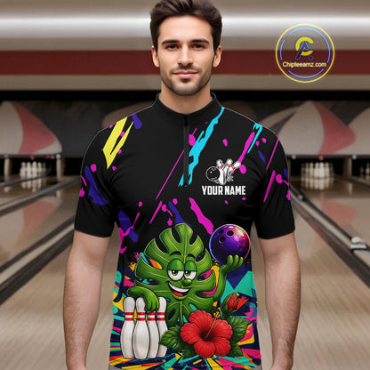 Man wearing a colorful monstera hibiscus bowling quarter zip jersey during league competition front view.