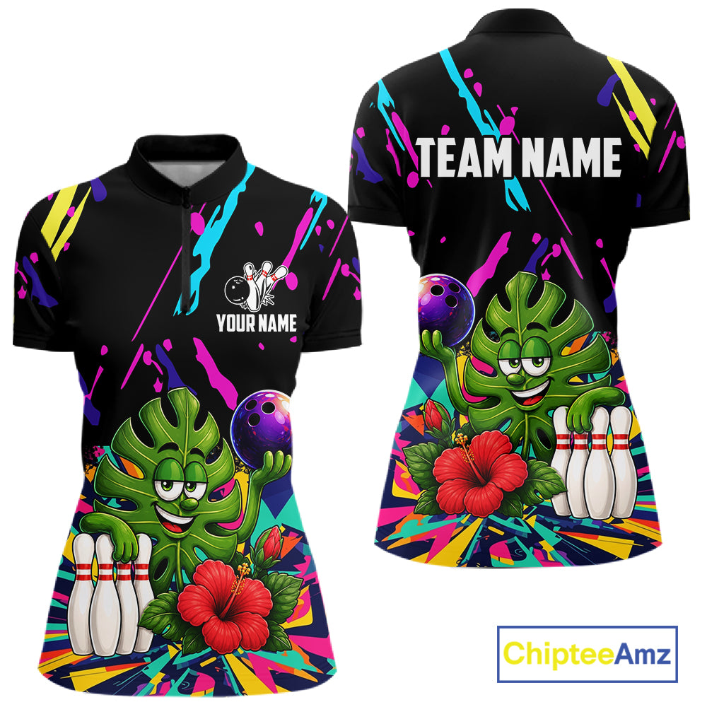 Colorful sunflower bowling quarter zip shirt for women designed for league tournaments and team events.