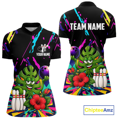 Colorful sunflower bowling quarter zip shirt for women designed for league tournaments and team events.
