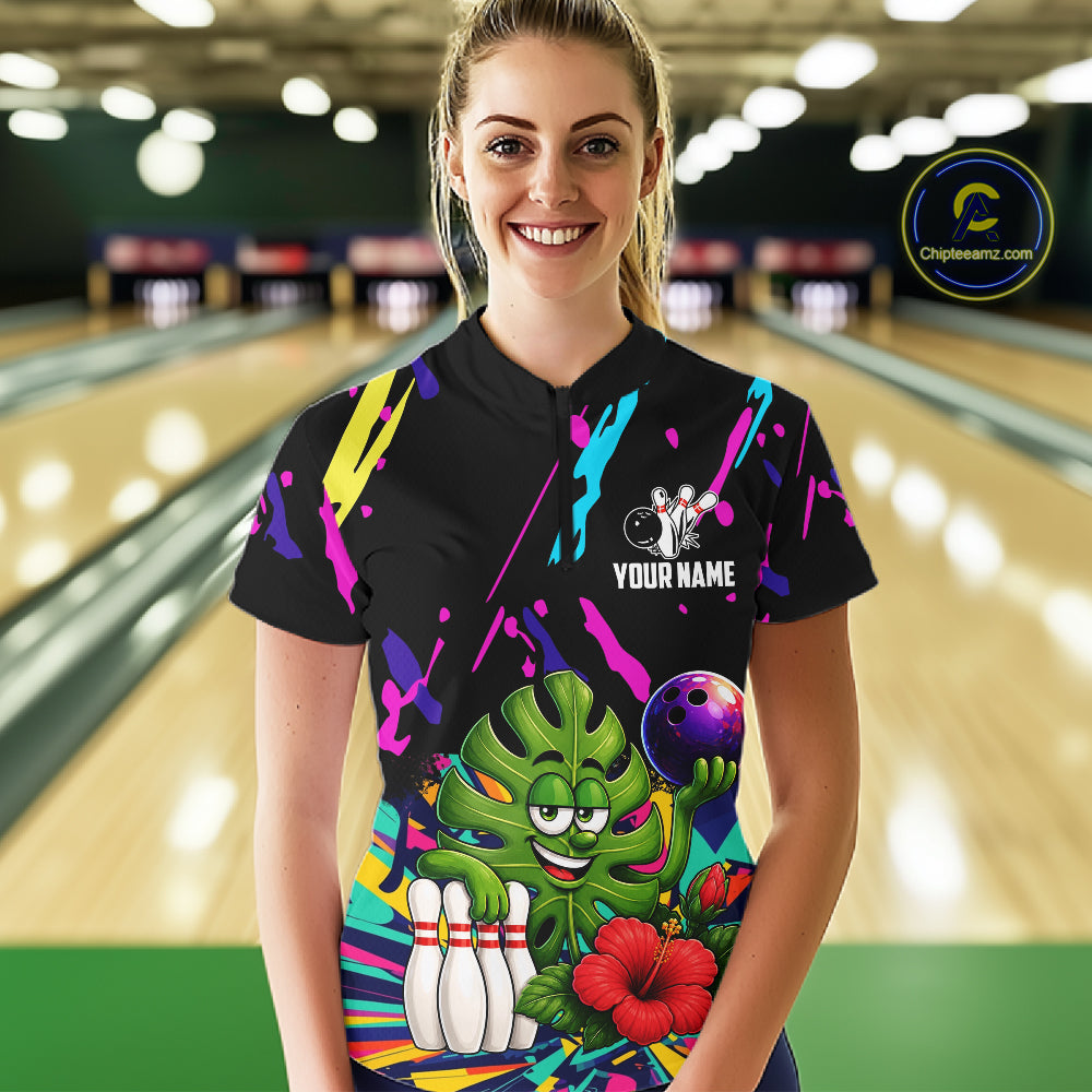 Woman wearing a colorful sunflower bowling quarter zip jersey during league competition front view.