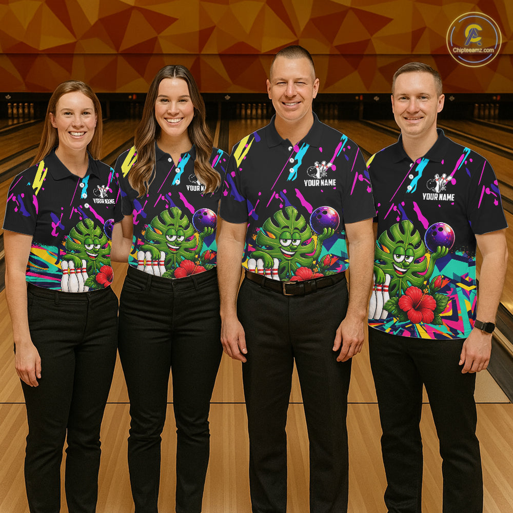 Bowling team wearing matching colorful monstera hibiscus bowling jerseys during tournament matches front view.