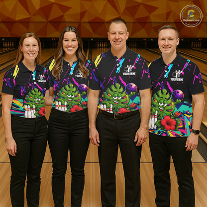 Bowling team wearing matching colorful monstera hibiscus bowling jerseys during tournament matches front view.