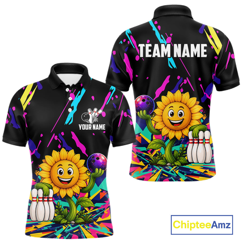 Colorful sunflower bowling polo shirt for men with vibrant custom bowling team graphics.