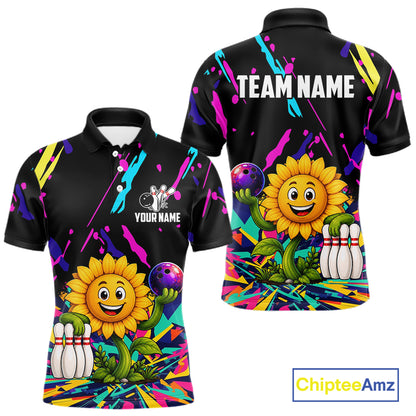 Colorful sunflower bowling polo shirt for men with vibrant custom bowling team graphics.