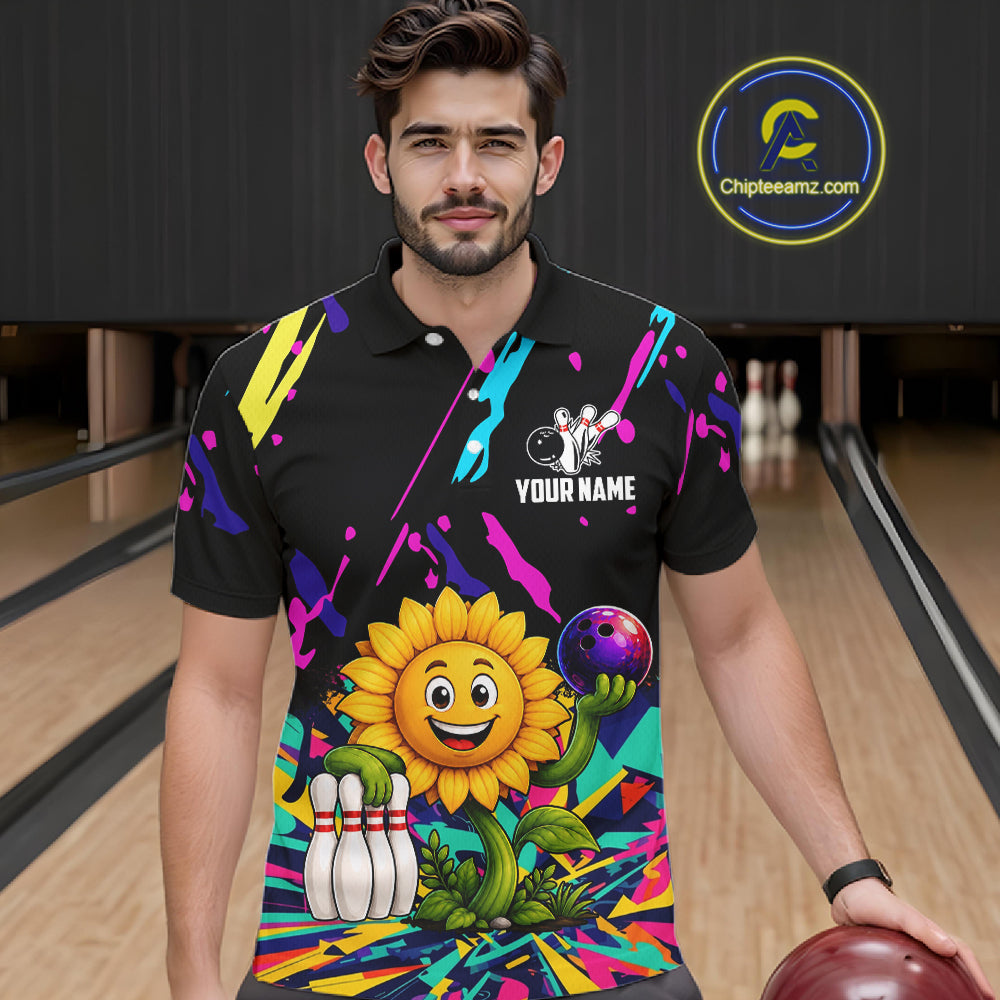 Man wearing a colorful sunflower bowling polo shirt at a bowling alley front view.