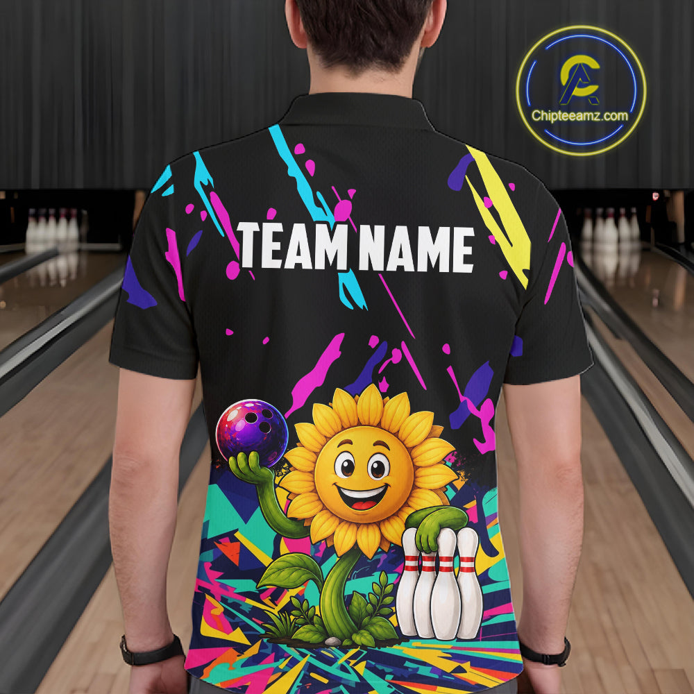 Back view of man wearing a colorful sunflower bowling polo shirt inside a bowling alley.