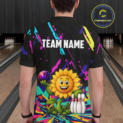 Back view of man wearing a colorful sunflower bowling polo shirt inside a bowling alley.