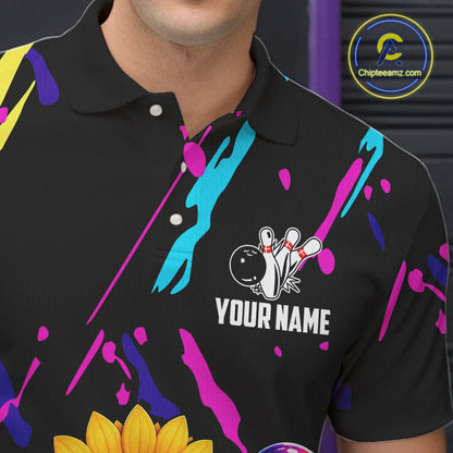 Close-up of a colorful sunflower bowling polo shirt collar, buttons, and sunflower artwork.