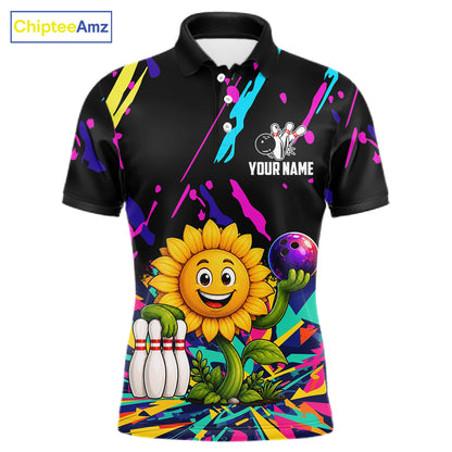 Colorful sunflower bowling polo shirt for men with vibrant custom bowling team graphics.