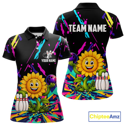 Colorful sunflower bowling polo shirt for women with vibrant custom bowling team graphics.