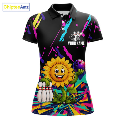 Colorful sunflower bowling polo shirt for women with vibrant custom bowling team graphics.