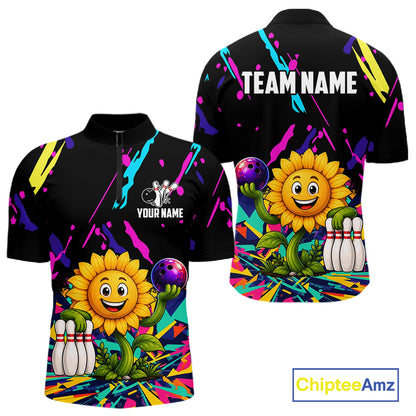 Colorful sunflower bowling quarter zip shirt for men designed for league tournaments and team events.