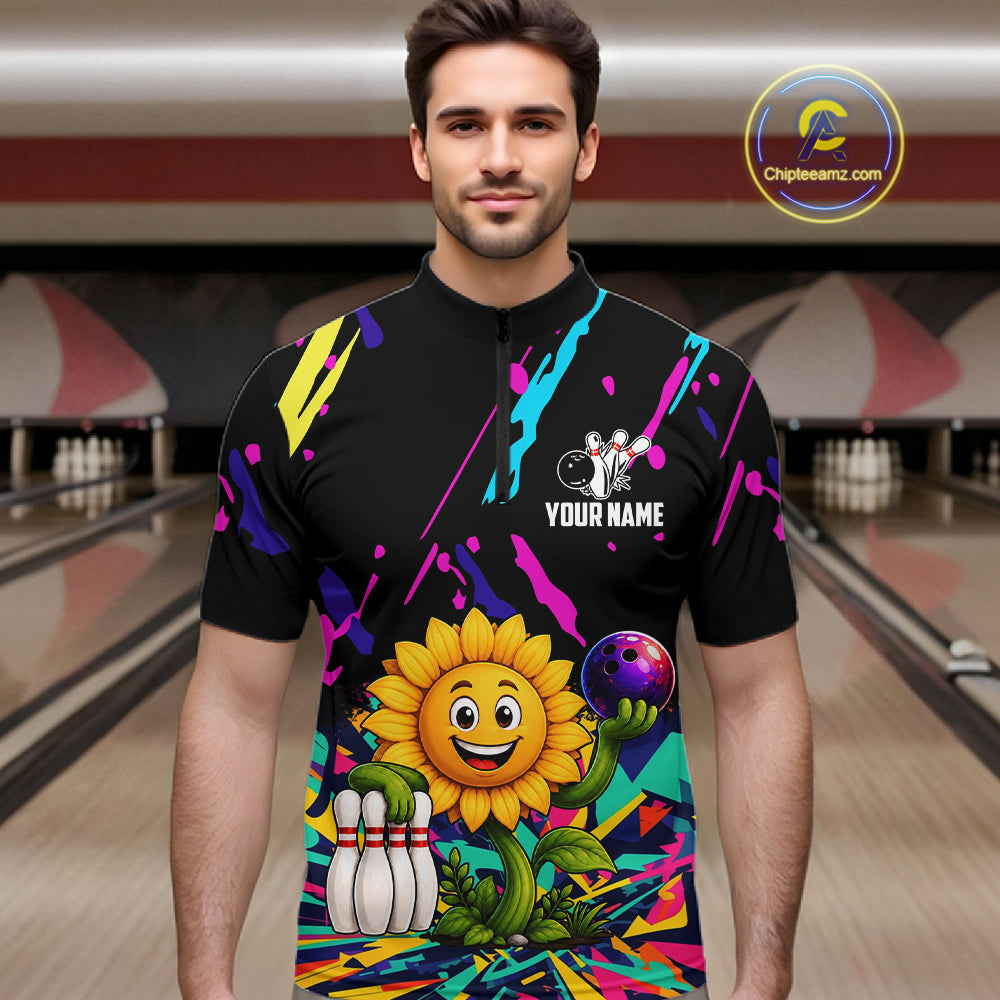 Man wearing a colorful sunflower bowling quarter zip jersey during league competition front view.
