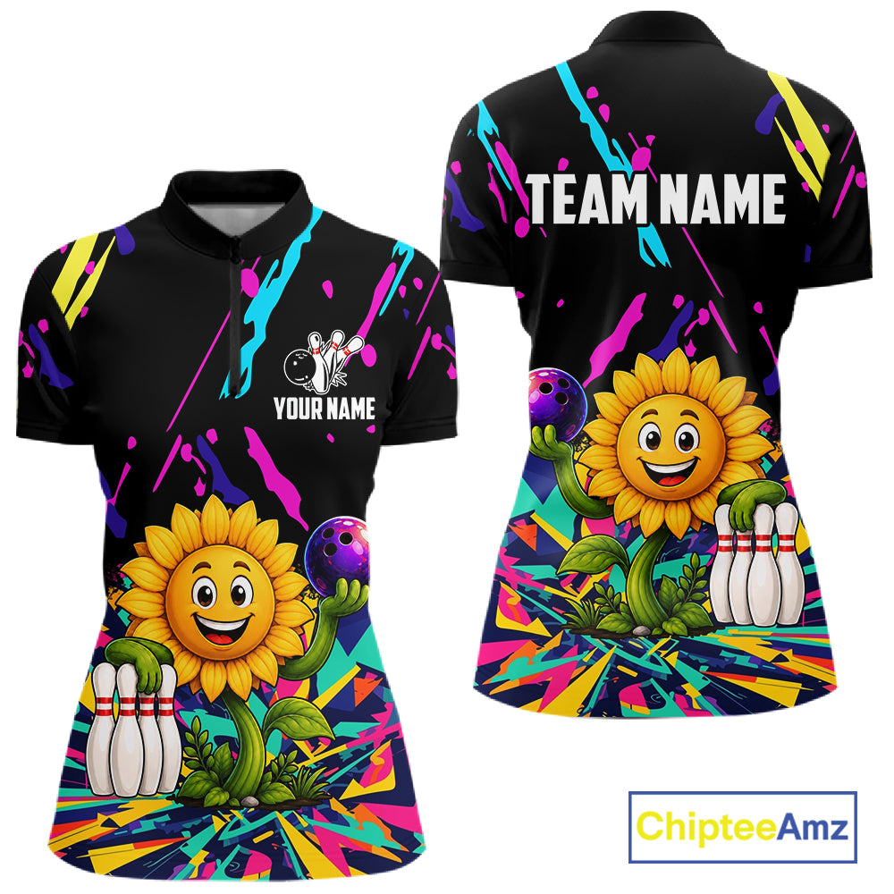 Colorful sunflower bowling quarter zip shirt for women designed for league tournaments and team events.