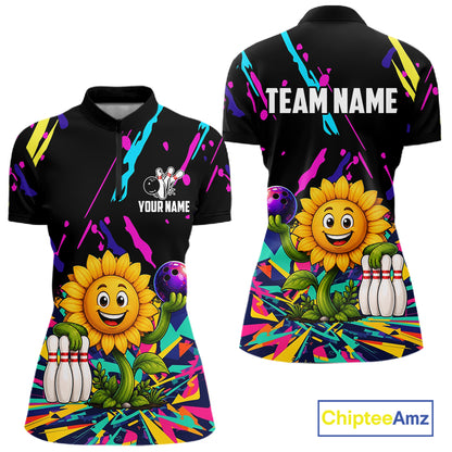 Colorful sunflower bowling quarter zip shirt for women designed for league tournaments and team events.
