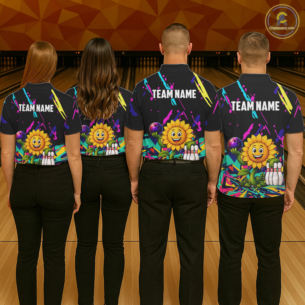 Back view of bowling team wearing matching sunflower bowling shirts in a bowling alley.