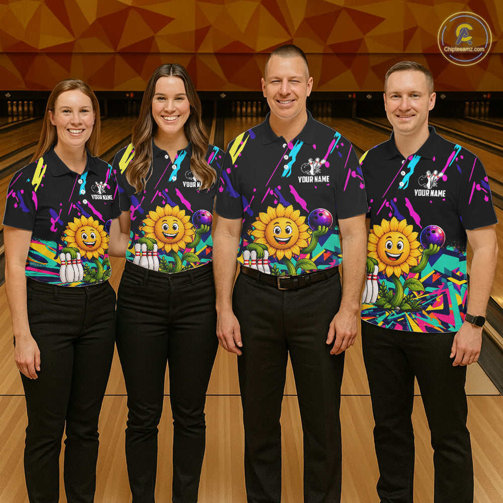 Bowling team wearing matching colorful sunflower bowling jerseys during tournament matches front view.