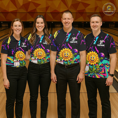 Bowling team wearing matching colorful sunflower bowling jerseys during tournament matches front view.