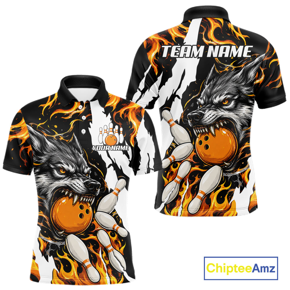 Personalized orange flame wolf bowling team jersey polo shirt for men featuring a fierce wolf with blazing orange flame artwork, premium custom bowling league apparel for tournaments, league nights and competitive bowling teams.