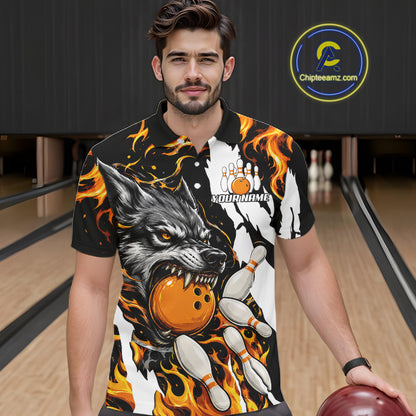 Man wearing personalized orange flame wolf bowling team jersey polo shirt featuring orange flame wolf artwork, front view.