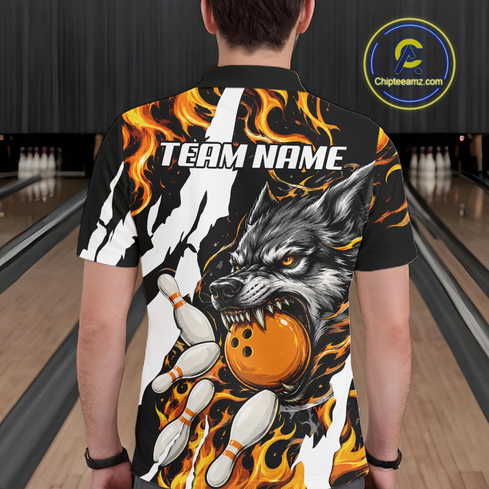 Man wearing personalized orange flame wolf bowling team jersey polo shirt featuring orange flame wolf artwork, back view.
