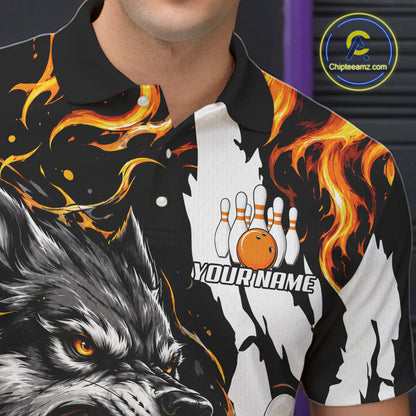 Close-up of the personalized orange flame wolf bowling team jersey polo shirt showing the collar, buttons, premium performance fabric and detailed orange flame wolf graphics.