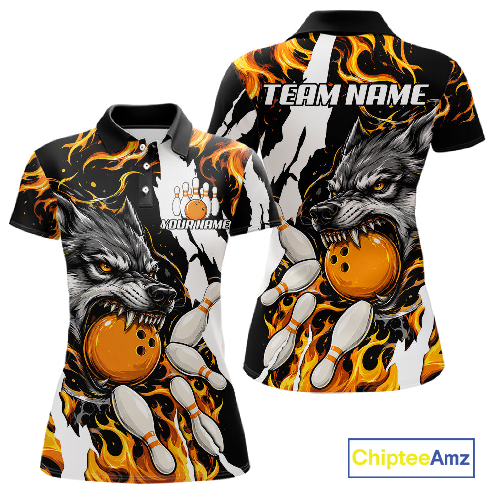 Personalized orange flame wolf bowling team jersey polo shirt for women featuring a fierce wolf with blazing orange flame artwork, premium custom bowling league apparel for tournaments, league nights and competitive bowling teams.