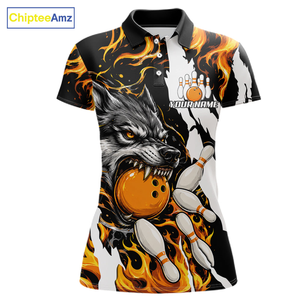 Personalized orange flame wolf bowling team jersey polo shirt for women featuring a fierce wolf with blazing orange flame artwork, premium custom bowling league apparel for tournaments, league nights and competitive bowling teams.