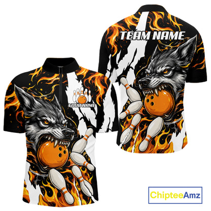 Personalized orange flame wolf bowling team jersey quarter zip shirt for men featuring detailed orange flame wolf graphics, premium custom bowling league apparel.