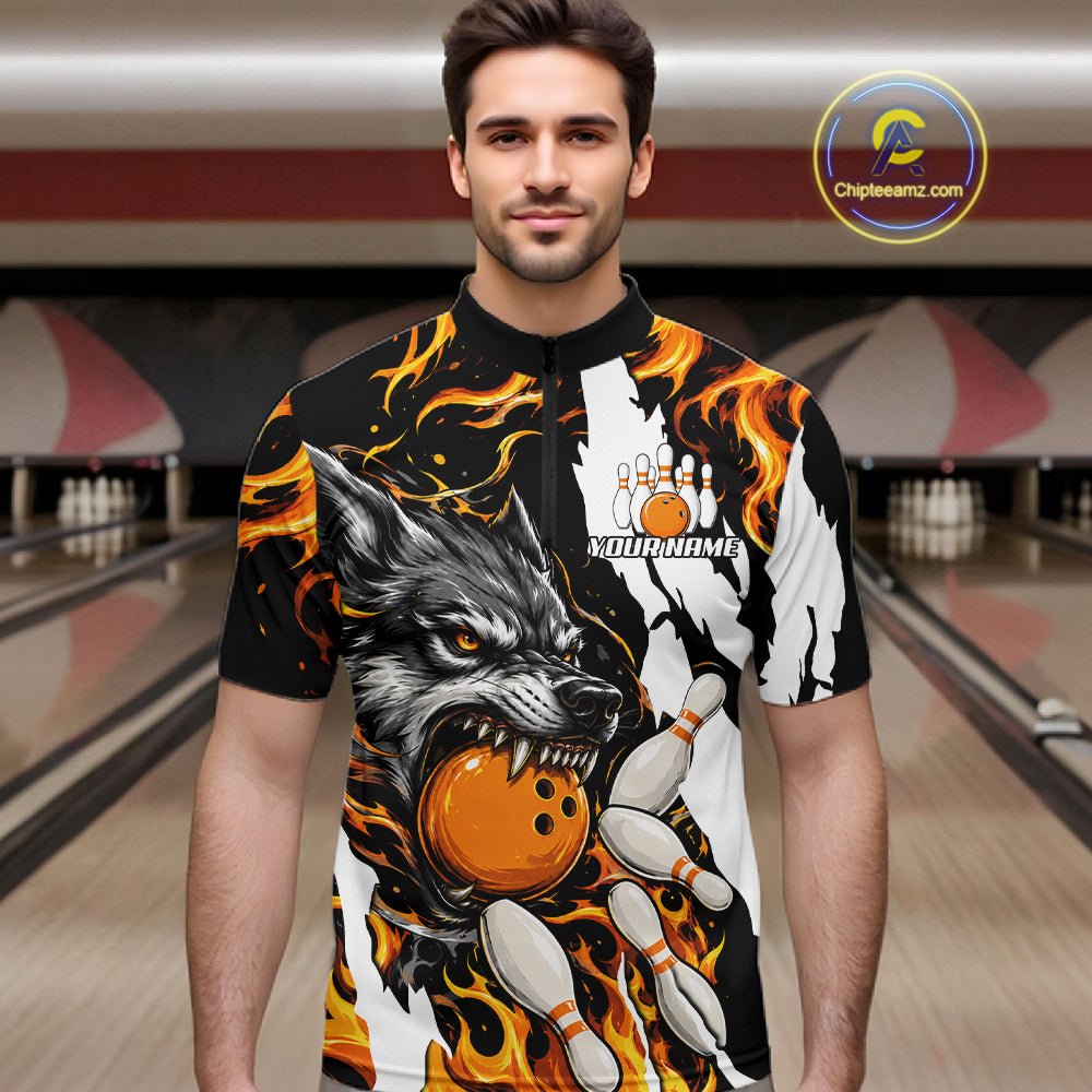 Man wearing personalized orange flame wolf bowling team jersey quarter zip shirt featuring orange flame wolf artwork, front view.