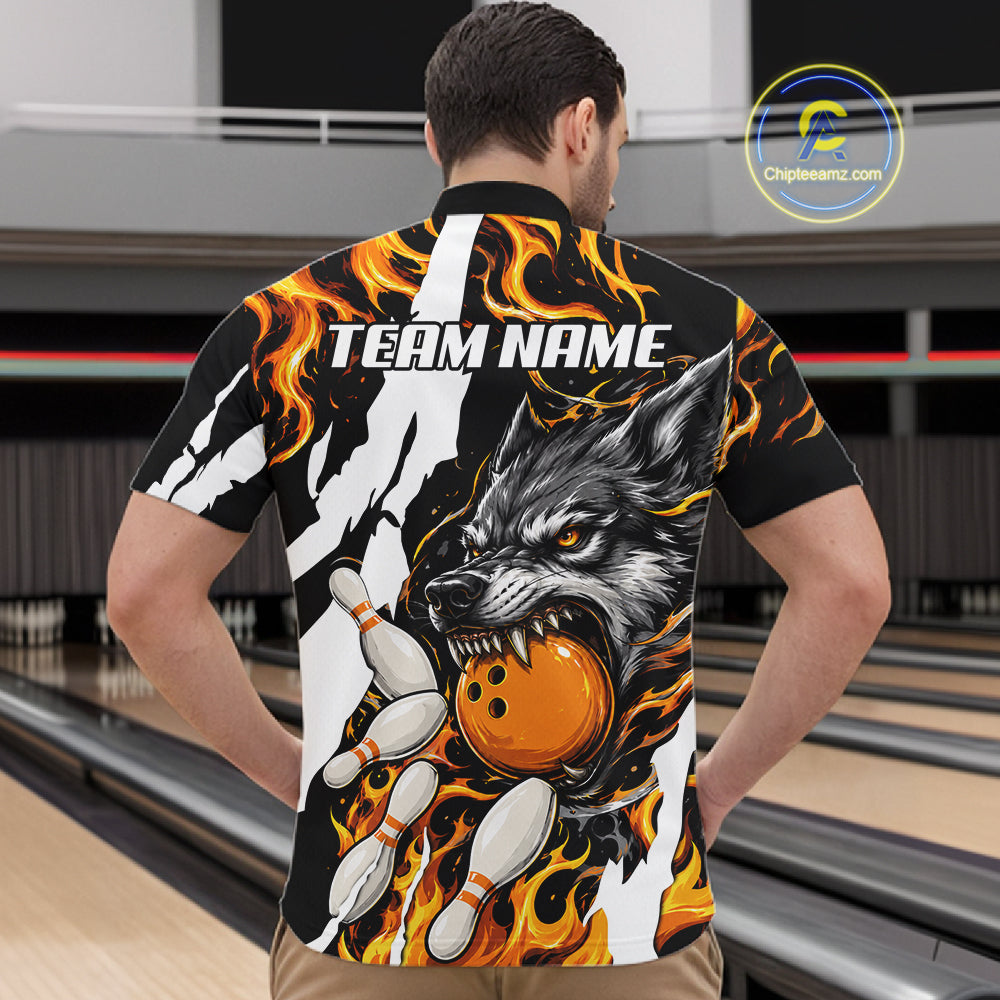Man wearing personalized orange flame wolf bowling team jersey quarter zip shirt featuring orange flame wolf artwork, back view.