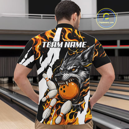 Man wearing personalized orange flame wolf bowling team jersey quarter zip shirt featuring orange flame wolf artwork, back view.