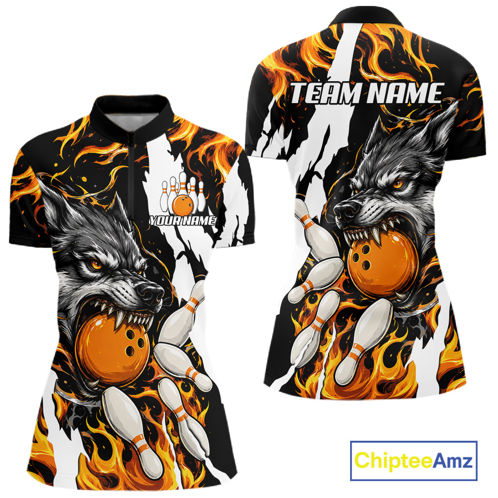 Personalized orange flame wolf bowling team jersey quarter zip shirt for women featuring detailed orange flame wolf graphics, premium custom bowling league apparel.