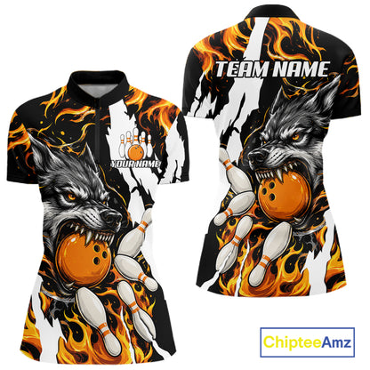 Personalized orange flame wolf bowling team jersey quarter zip shirt for women featuring detailed orange flame wolf graphics, premium custom bowling league apparel.