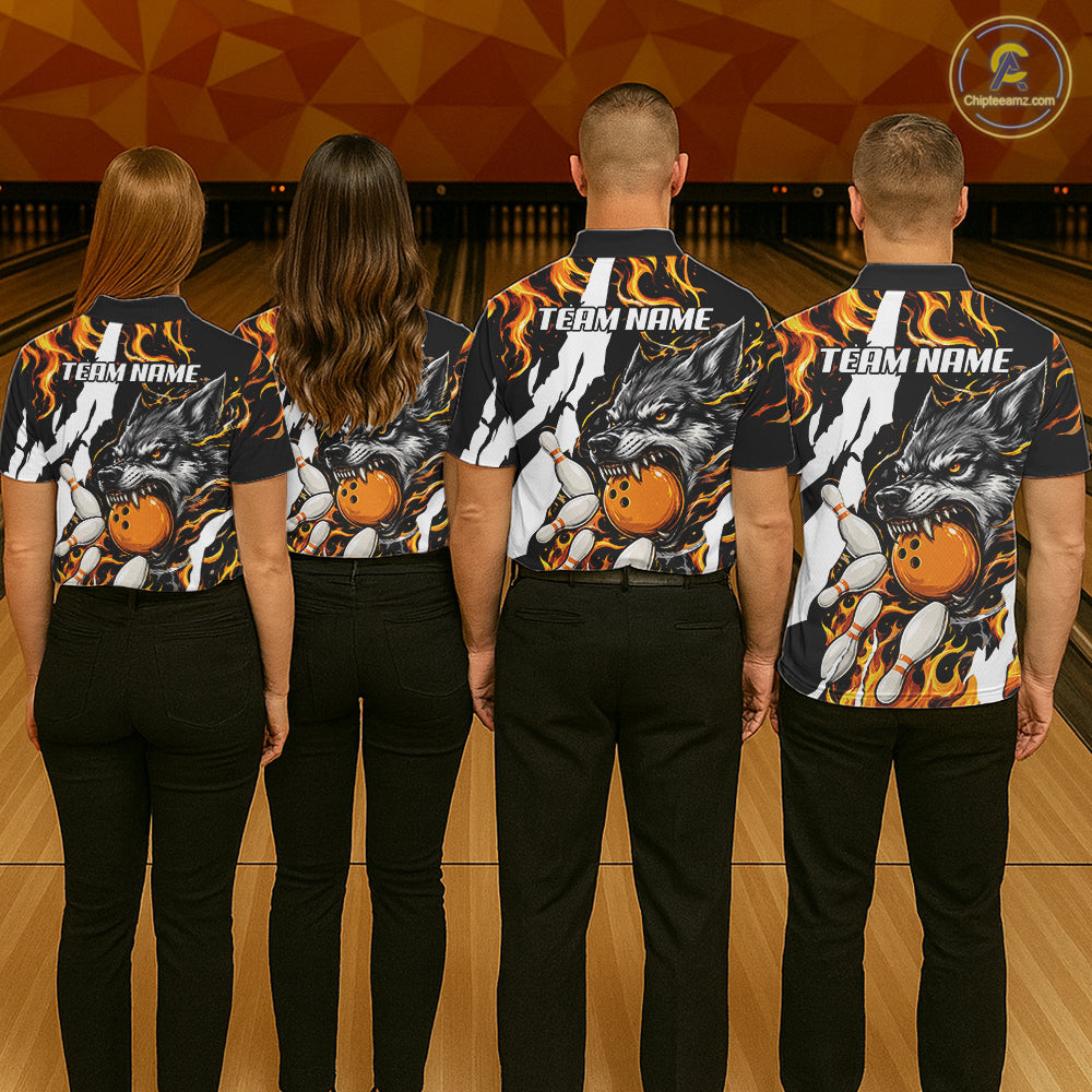 Bowling team wearing matching personalized orange flame wolf bowling team jerseys featuring premium wolf flame graphics, back view.