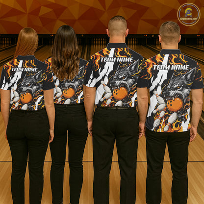 Bowling team wearing matching personalized orange flame wolf bowling team jerseys featuring premium wolf flame graphics, back view.