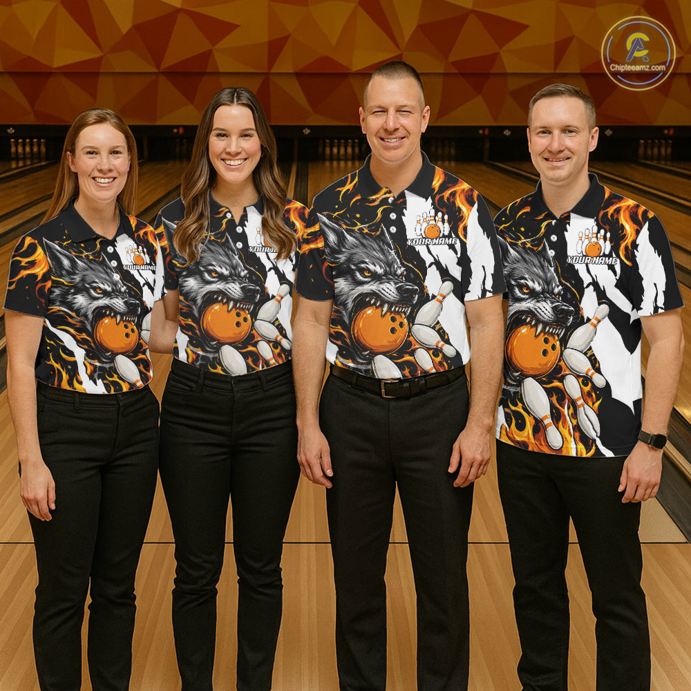 Bowling team wearing matching personalized orange flame wolf bowling team jerseys featuring premium wolf flame graphics, front view.