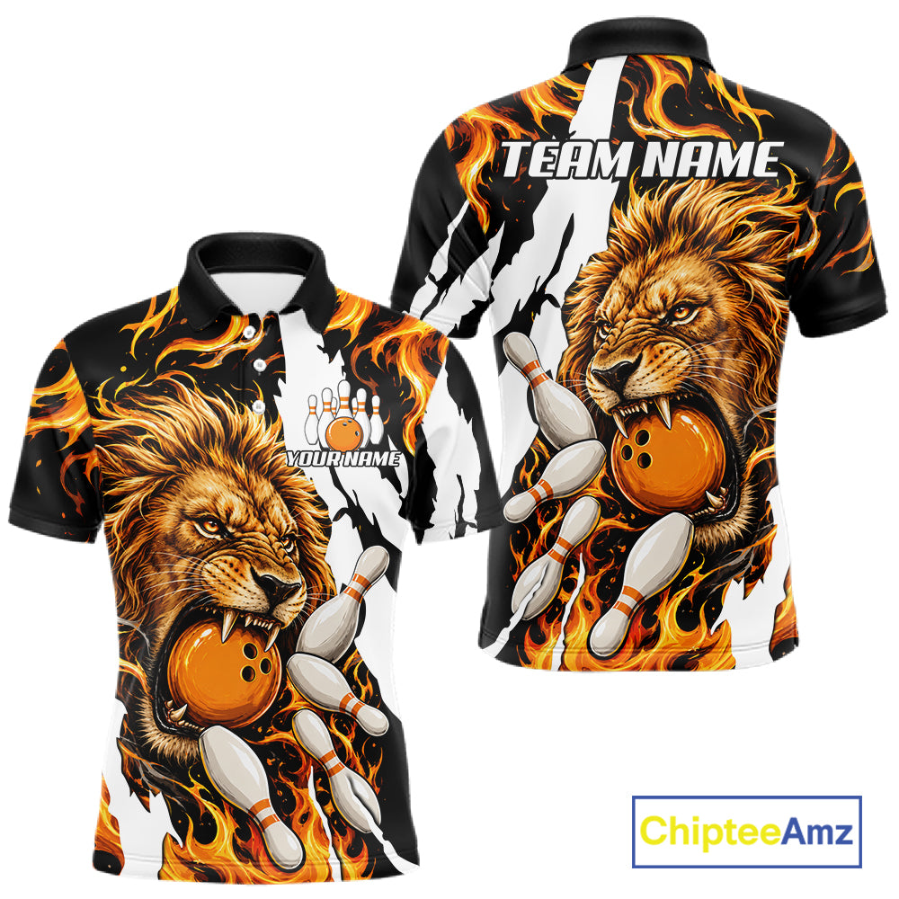 Personalized orange flame lion bowling team jersey polo shirt for men featuring a fierce lion with blazing orange flame artwork, premium custom bowling league apparel for tournaments and league play.