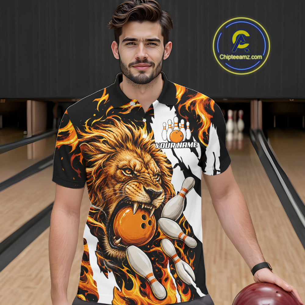 Man wearing personalized orange flame lion bowling team jersey polo shirt featuring orange flame lion artwork, front view.