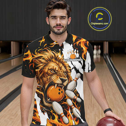 Man wearing personalized orange flame lion bowling team jersey polo shirt featuring orange flame lion artwork, front view.
