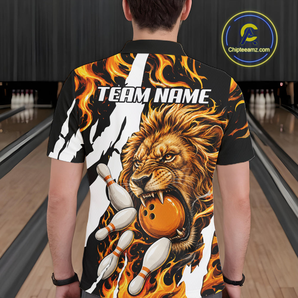 Man wearing personalized orange flame lion bowling team jersey polo shirt featuring orange flame lion artwork, back view.