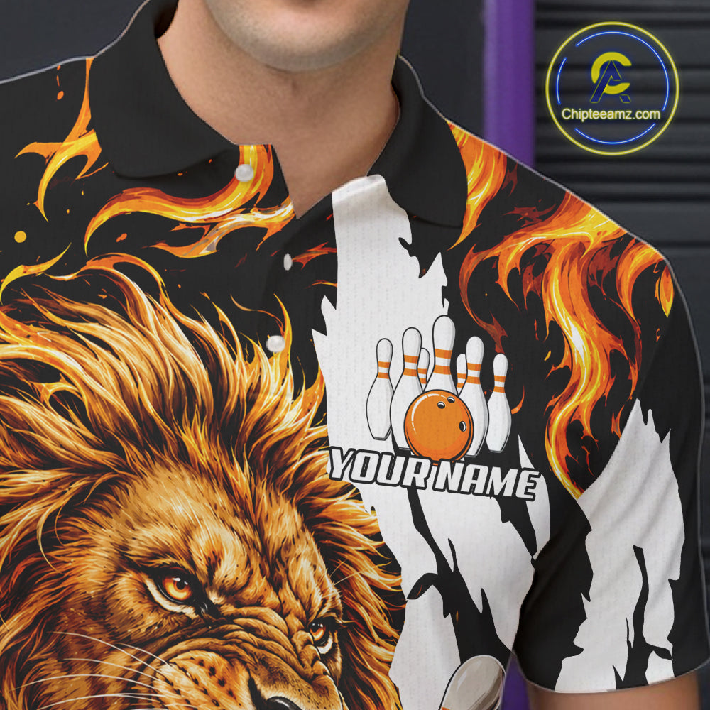 Close-up of the personalized orange flame lion bowling team jersey polo shirt showing the collar, buttons, premium performance fabric and detailed lion flame graphics.