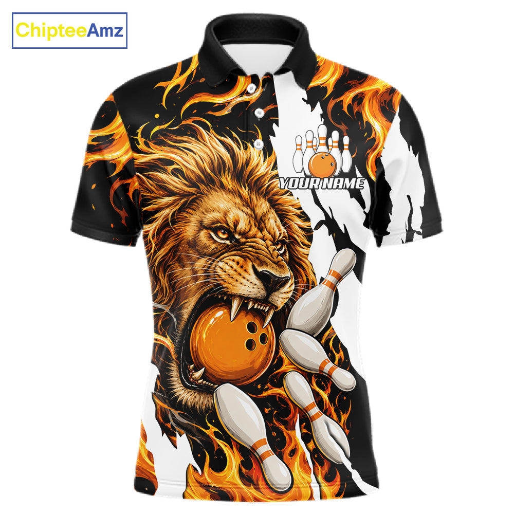 Personalized orange flame lion bowling team jersey polo shirt for men featuring a fierce lion with blazing orange flame artwork, premium custom bowling league apparel for tournaments and league play.