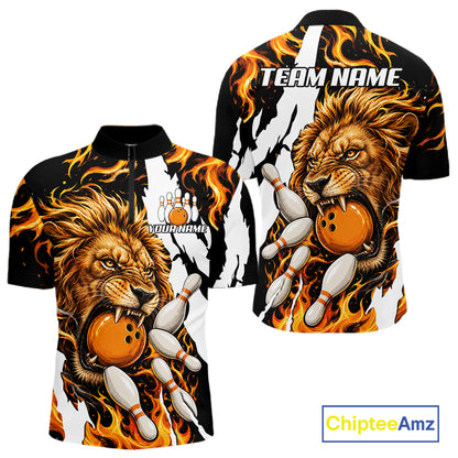 Personalized orange flame lion bowling team jersey quarter zip shirt for men featuring bold orange flame lion graphics, premium custom bowling league apparel.