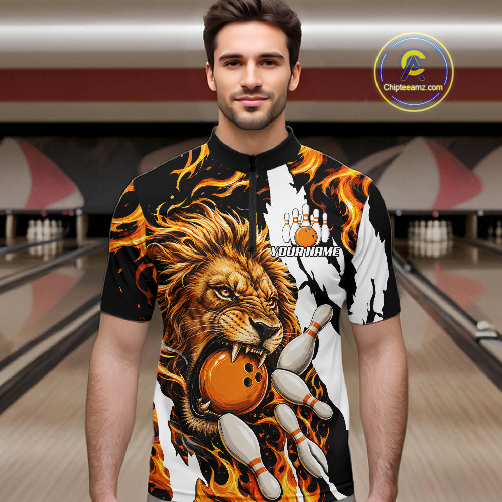 Man wearing personalized orange flame lion bowling team jersey quarter zip shirt featuring orange flame lion artwork, front view.
