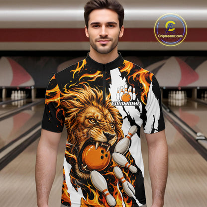 Man wearing personalized orange flame lion bowling team jersey quarter zip shirt featuring orange flame lion artwork, front view.