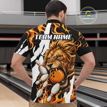 Man wearing personalized orange flame lion bowling team jersey quarter zip shirt featuring orange flame lion artwork, back view.