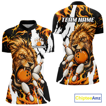 Personalized orange flame lion bowling team jersey quarter zip shirt for women featuring bold orange flame lion graphics, premium custom bowling league apparel.