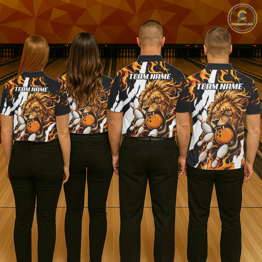 Bowling team wearing matching personalized orange flame lion bowling team jerseys featuring premium lion flame graphics, back view.