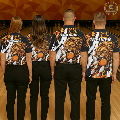 Bowling team wearing matching personalized orange flame lion bowling team jerseys featuring premium lion flame graphics, back view.